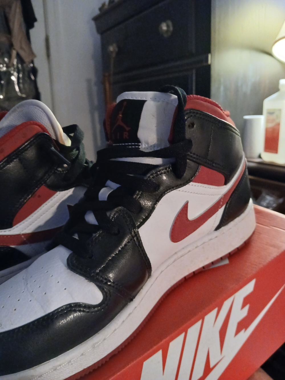 Nike Kids' Air Jordan Mid-Top Sneakers in White/Black/Red